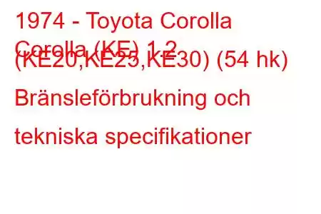 1974 - Toyota Corolla
Corolla (KE) 1.2 (KE20,KE25,KE30) (54 hk) Bränsleförbrukning och tekniska specifikationer