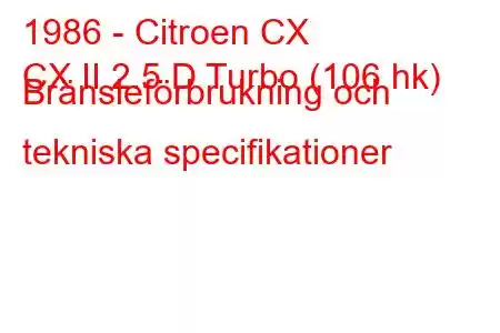 1986 - Citroen CX
CX II 2.5 D Turbo (106 hk) Bränsleförbrukning och tekniska specifikationer