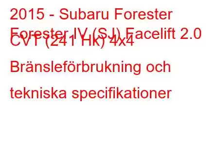 2015 - Subaru Forester
Forester IV (SJ) Facelift 2.0 CVT (241 Hk) 4x4 Bränsleförbrukning och tekniska specifikationer