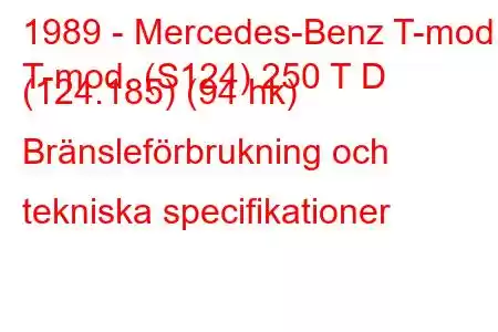 1989 - Mercedes-Benz T-mod.
T-mod. (S124) 250 T D (124.185) (94 hk) Bränsleförbrukning och tekniska specifikationer