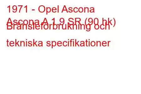 1971 - Opel Ascona
Ascona A 1.9 SR (90 hk) Bränsleförbrukning och tekniska specifikationer