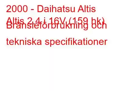 2000 - Daihatsu Altis
Altis 2.4 i 16V (159 hk) Bränsleförbrukning och tekniska specifikationer