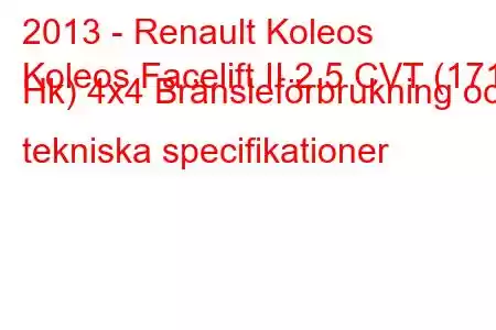 2013 - Renault Koleos
Koleos Facelift II 2.5 CVT (171 Hk) 4x4 Bränsleförbrukning och tekniska specifikationer