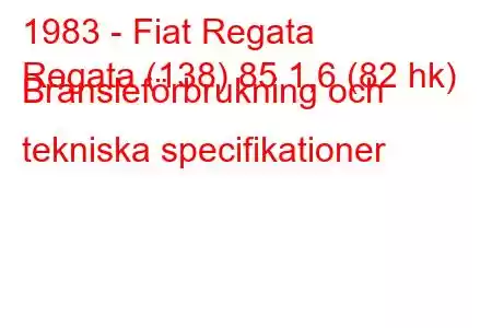 1983 - Fiat Regata
Regata (138) 85 1,6 (82 hk) Bränsleförbrukning och tekniska specifikationer