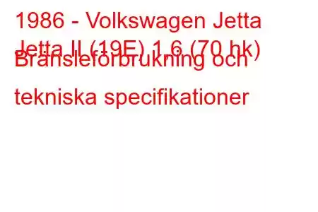 1986 - Volkswagen Jetta
Jetta II (19E) 1,6 (70 hk) Bränsleförbrukning och tekniska specifikationer