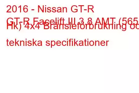 2016 - Nissan GT-R
GT-R Facelift III 3.8 AMT (565 Hk) 4x4 Bränsleförbrukning och tekniska specifikationer