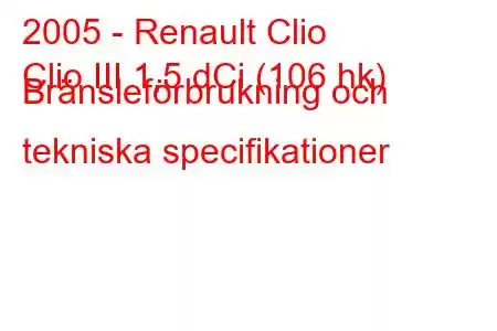 2005 - Renault Clio
Clio III 1,5 dCi (106 hk) Bränsleförbrukning och tekniska specifikationer