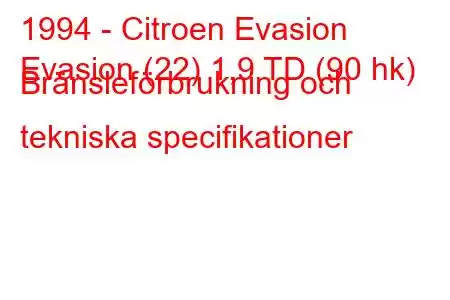 1994 - Citroen Evasion
Evasion (22) 1,9 TD (90 hk) Bränsleförbrukning och tekniska specifikationer