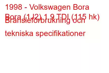 1998 - Volkswagen Bora
Bora (1J2) 1.9 TDI (115 hk) Bränsleförbrukning och tekniska specifikationer