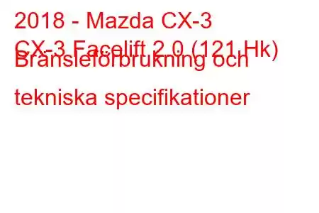 2018 - Mazda CX-3
CX-3 Facelift 2.0 (121 Hk) Bränsleförbrukning och tekniska specifikationer