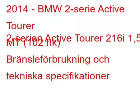 2014 - BMW 2-serie Active Tourer
2-serien Active Tourer 216i 1,5 MT (102 hk) Bränsleförbrukning och tekniska specifikationer