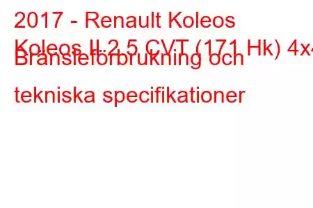 2017 - Renault Koleos
Koleos II 2.5 CVT (171 Hk) 4x4 Bränsleförbrukning och tekniska specifikationer