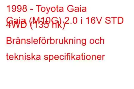 1998 - Toyota Gaia
Gaia (M10G) 2.0 i 16V STD 4WD (135 hk) Bränsleförbrukning och tekniska specifikationer