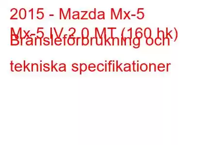 2015 - Mazda Mx-5
Mx-5 IV 2.0 MT (160 hk) Bränsleförbrukning och tekniska specifikationer