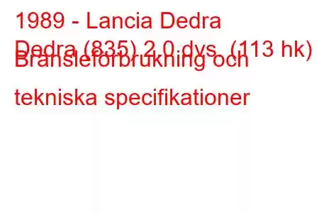 1989 - Lancia Dedra
Dedra (835) 2.0 dvs. (113 hk) Bränsleförbrukning och tekniska specifikationer