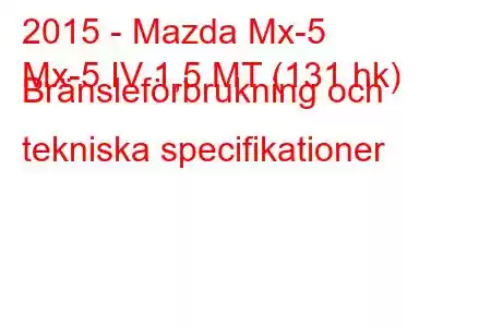 2015 - Mazda Mx-5
Mx-5 IV 1,5 MT (131 hk) Bränsleförbrukning och tekniska specifikationer