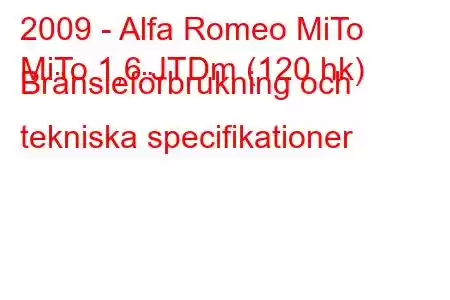 2009 - Alfa Romeo MiTo
MiTo 1,6 JTDm (120 hk) Bränsleförbrukning och tekniska specifikationer