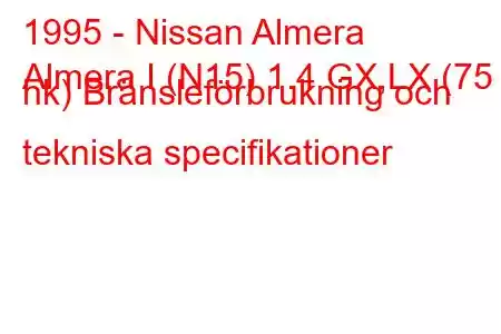 1995 - Nissan Almera
Almera I (N15) 1.4 GX,LX (75 hk) Bränsleförbrukning och tekniska specifikationer