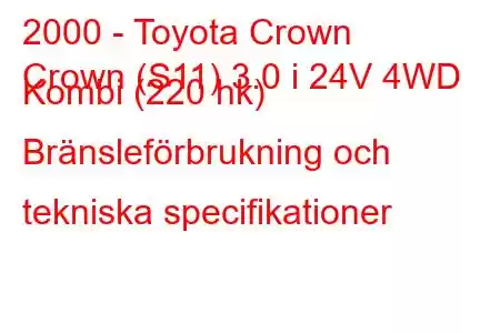 2000 - Toyota Crown
Crown (S11) 3.0 i 24V 4WD Kombi (220 hk) Bränsleförbrukning och tekniska specifikationer