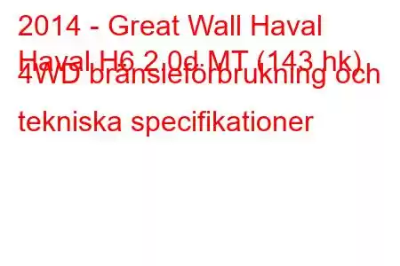 2014 - Great Wall Haval
Haval H6 2.0d MT (143 hk) 4WD bränsleförbrukning och tekniska specifikationer