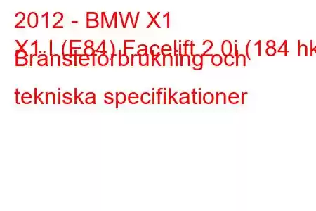 2012 - BMW X1
X1 I (E84) Facelift 2.0i (184 hk) Bränsleförbrukning och tekniska specifikationer