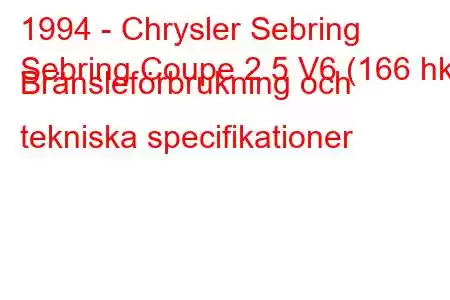 1994 - Chrysler Sebring
Sebring Coupe 2.5 V6 (166 hk) Bränsleförbrukning och tekniska specifikationer