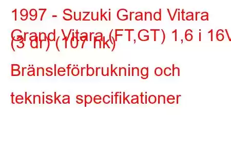 1997 - Suzuki Grand Vitara
Grand Vitara (FT,GT) 1,6 i 16V (3 dr) (107 hk) Bränsleförbrukning och tekniska specifikationer