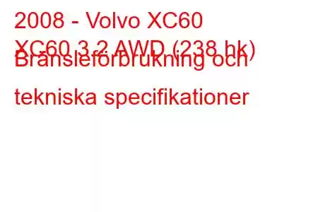 2008 - Volvo XC60
XC60 3.2 AWD (238 hk) Bränsleförbrukning och tekniska specifikationer