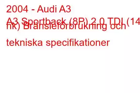 2004 - Audi A3
A3 Sportback (8P) 2.0 TDI (140 hk) Bränsleförbrukning och tekniska specifikationer