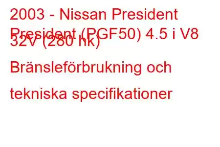 2003 - Nissan President
President (PGF50) 4.5 i V8 32V (280 hk) Bränsleförbrukning och tekniska specifikationer