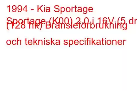 1994 - Kia Sportage
Sportage (K00) 2.0 i 16V (5 dr) (128 hk) Bränsleförbrukning och tekniska specifikationer