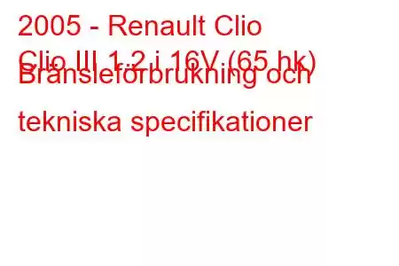 2005 - Renault Clio
Clio III 1.2 i 16V (65 hk) Bränsleförbrukning och tekniska specifikationer