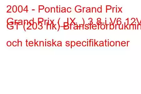 2004 - Pontiac Grand Prix
Grand Prix (_IX_) 3.8 i V6 12V GT (203 hk) Bränsleförbrukning och tekniska specifikationer