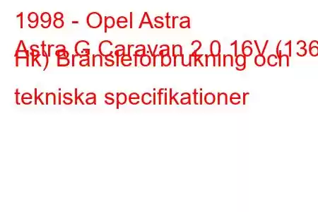 1998 - Opel Astra
Astra G Caravan 2.0 16V (136 Hk) Bränsleförbrukning och tekniska specifikationer