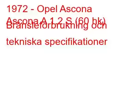 1972 - Opel Ascona
Ascona A 1.2 S (60 hk) Bränsleförbrukning och tekniska specifikationer