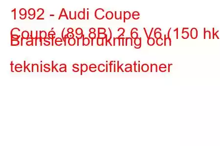 1992 - Audi Coupe
Coupé (89.8B) 2.6 V6 (150 hk) Bränsleförbrukning och tekniska specifikationer