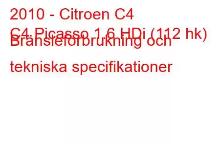 2010 - Citroen C4
C4 Picasso 1.6 HDi (112 hk) Bränsleförbrukning och tekniska specifikationer