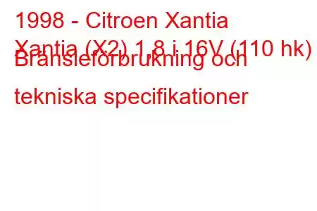 1998 - Citroen Xantia
Xantia (X2) 1,8 i 16V (110 hk) Bränsleförbrukning och tekniska specifikationer