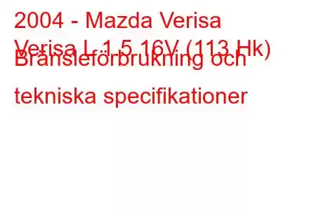 2004 - Mazda Verisa
Verisa L 1.5 16V (113 Hk) Bränsleförbrukning och tekniska specifikationer