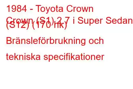 1984 - Toyota Crown
Crown (S1) 2.7 i Super Sedan (S12) (170 hk) Bränsleförbrukning och tekniska specifikationer