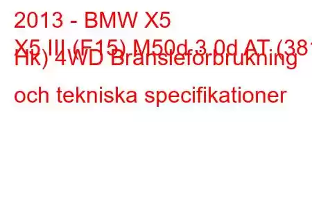 2013 - BMW X5
X5 III (F15) M50d 3.0d AT (381 Hk) 4WD Bränsleförbrukning och tekniska specifikationer