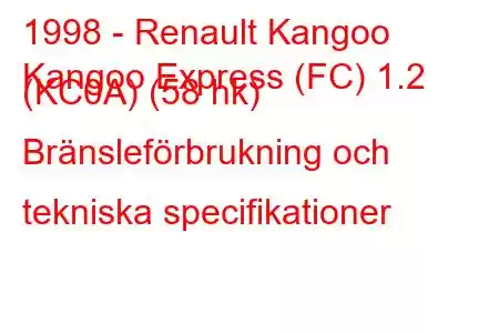 1998 - Renault Kangoo
Kangoo Express (FC) 1.2 (KC0A) (58 hk) Bränsleförbrukning och tekniska specifikationer