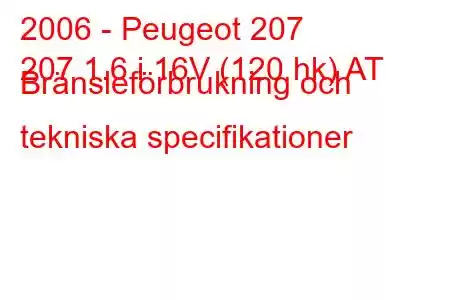 2006 - Peugeot 207
207 1.6 i 16V (120 hk) AT Bränsleförbrukning och tekniska specifikationer