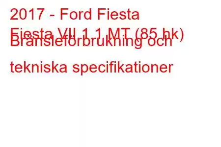 2017 - Ford Fiesta
Fiesta VII 1.1 MT (85 hk) Bränsleförbrukning och tekniska specifikationer