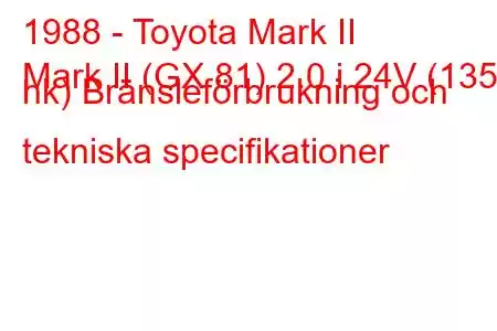 1988 - Toyota Mark II
Mark II (GX 81) 2.0 i 24V (135 hk) Bränsleförbrukning och tekniska specifikationer