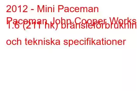 2012 - Mini Paceman
Paceman John Cooper Works 1.6 (211 hk) bränsleförbrukning och tekniska specifikationer