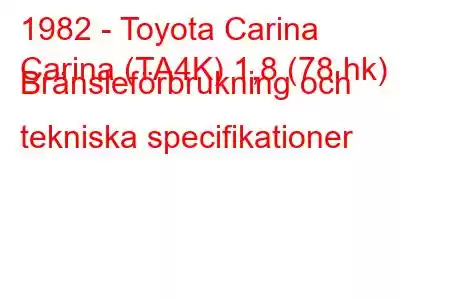 1982 - Toyota Carina
Carina (TA4K) 1,8 (78 hk) Bränsleförbrukning och tekniska specifikationer