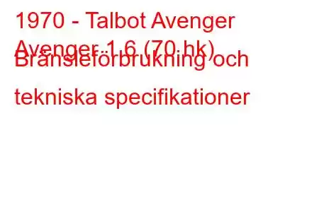 1970 - Talbot Avenger
Avenger 1.6 (70 hk) Bränsleförbrukning och tekniska specifikationer