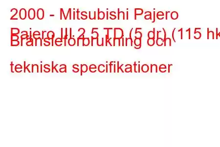 2000 - Mitsubishi Pajero
Pajero III 2.5 TD (5 dr) (115 hk) Bränsleförbrukning och tekniska specifikationer