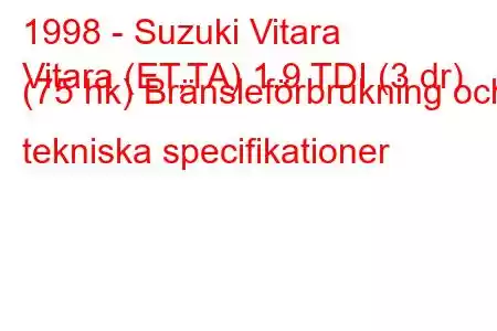 1998 - Suzuki Vitara
Vitara (ET,TA) 1,9 TDI (3 dr) (75 hk) Bränsleförbrukning och tekniska specifikationer